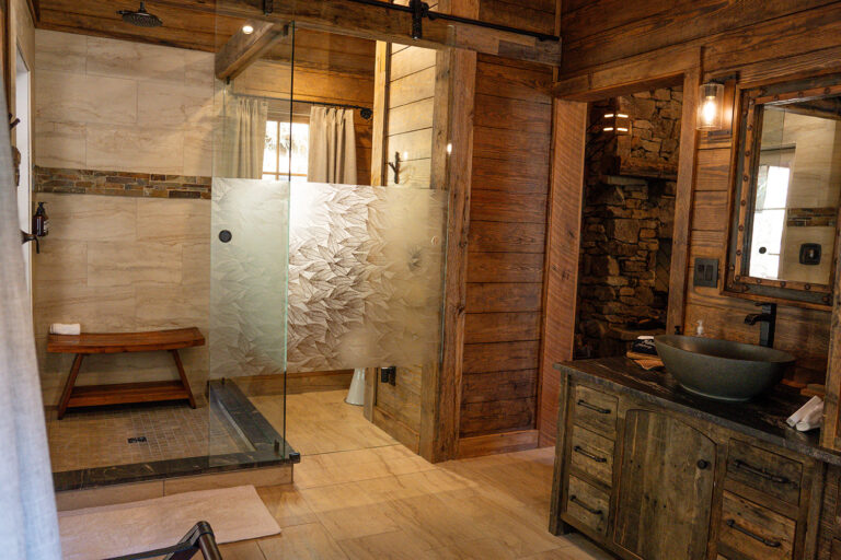 bathroom view of creekside cabin at elk and embers mountain resort north carolina